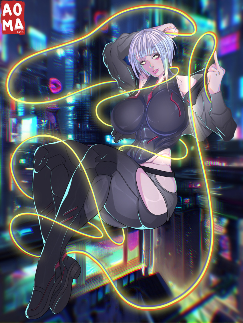 aoma big_breasts cd_projekt_red cyberpunk cyberpunk:_edgerunners cyberpunk_2077 huge_breasts lucyna_kushinada middle_finger monowire revealing_clothes string studio_trigger tagme yellow_eyes