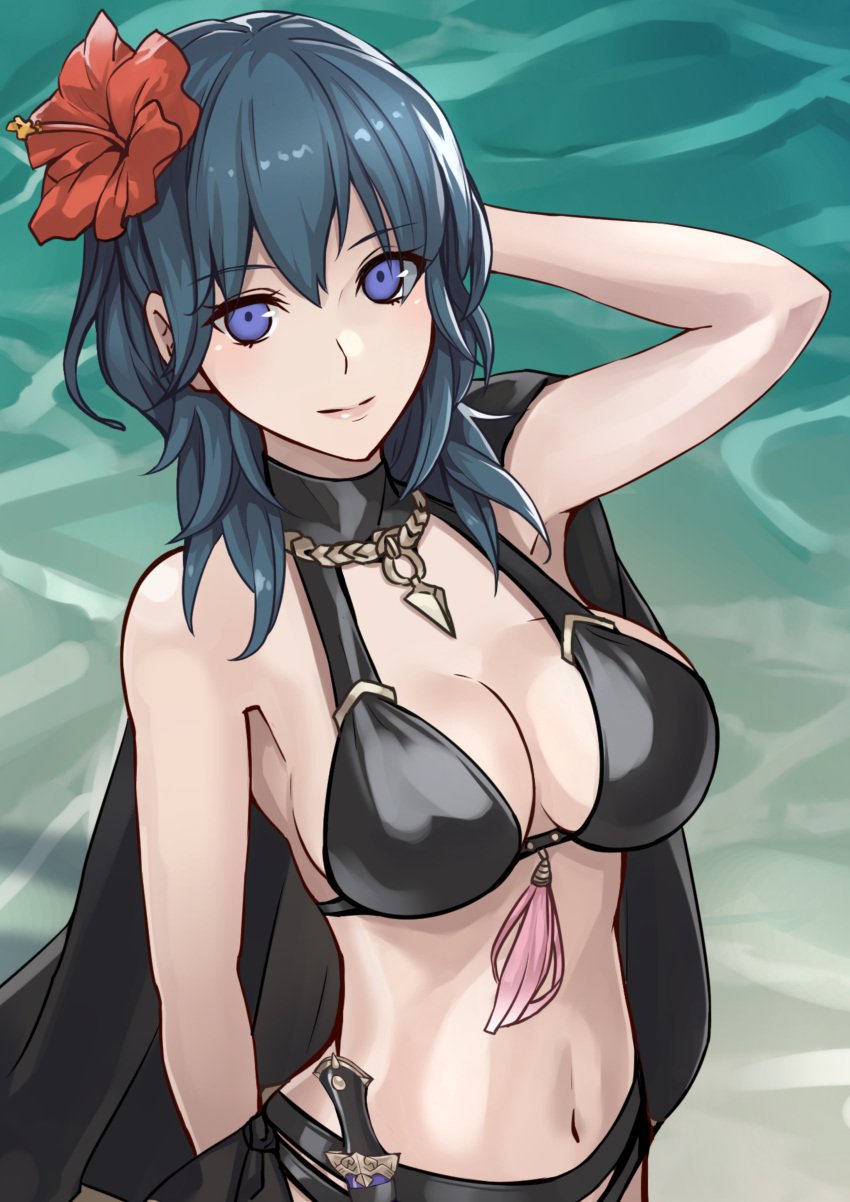 1girls alternate_costume beach big_breasts bikini bikini_bottom bikini_top black_cape blue_eyes byleth_(fire_emblem) byleth_(fire_emblem)_(female) byleth_(summer)_(fire_emblem)_(female) cape choker cleavage dagger female female_only fire_emblem fire_emblem:_three_houses fire_emblem_heroes flower flower_in_hair hand_behind_head heels jewelry nintendo ocean open_toe_shoes smile solo solo_female swimsuit tassel teal_eyes togo2828 upper_body water