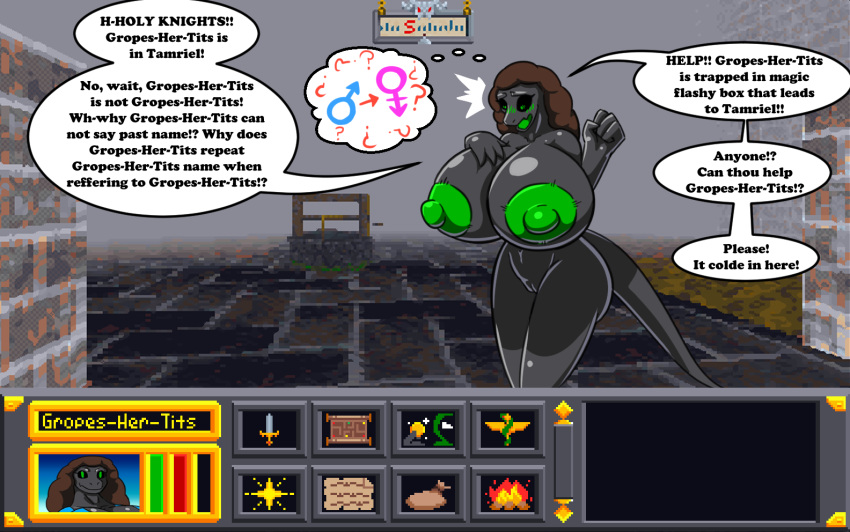 2020 4_fingers after_transformation anthro argonian bethesda_softworks big_breasts black_body blush breasts brown_hair d-6alaxy dialogue english_text female fingers gender_transformation genitals green_eyes green_nipples gui hair hand_on_breast huge_breasts mind_control mtf_transformation navel nipples nude pussy scalie scared screencap screencap_background solo story story_in_description surprise text the_elder_scrolls transformation video_games well