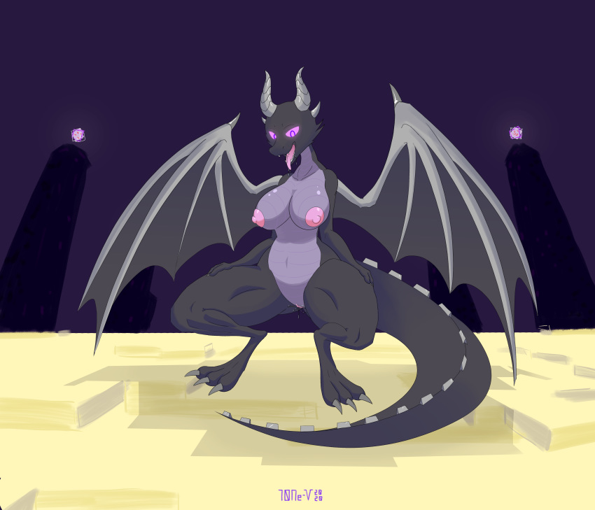 10ne-v 2d absurd_res anthro big_breasts bodily_fluids breasts dragon ender_dragon female genital_fluids hi_res horn jean? looking_at_viewer minecraft nipples purple_eyes pussy_juice scalie scalie_female scalie_only solo tongue tongue_out video_games wings