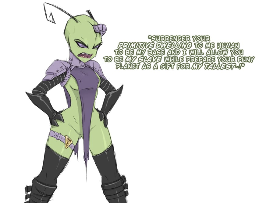 1girls 3_fingers alien alien_girl alien_humanoid angry antennae antennae_(anatomy) areola bottomless breasts clothed clothing female fingers genitals green_skin hands_on_hips hi_res humanoid invader_zim irken legwear mootcookie_(artist) nickelodeon no_panties pussy skimpy solo tak tak_(invader_zim) thigh_highs