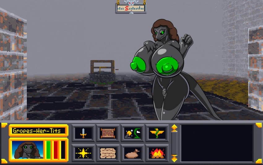 2020 3d 4_fingers anthro argonian bethesda_softworks big_breasts black_body black_sclera blush bodily_fluids breasts brown_hair d-6alaxy english_text female fingers genital_fluids genitals green_eyes green_nipples gui hair hand_on_breast huge_breasts looking_at_viewer navel nipples nude pussy pussy_juice scalie scared screencap screencap_background smile solo text the_elder_scrolls video_games well