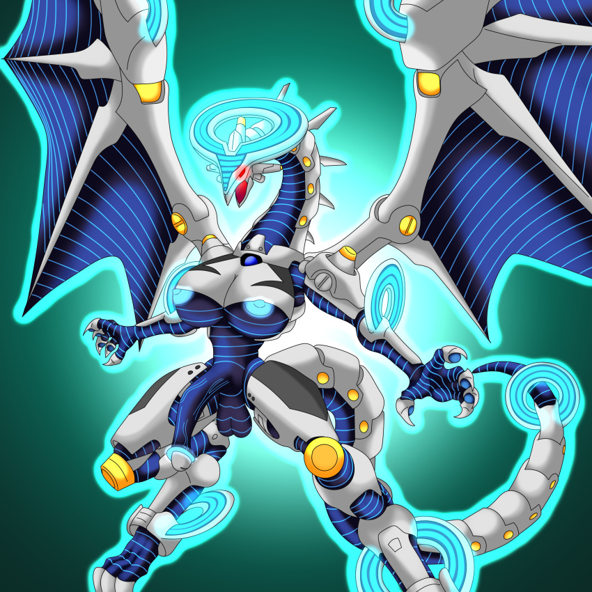 3_toes 5_fingers absurd_res anthro balls big_breasts big_penis biped breasts cyberse digitigrade dragon fingers firewall_dragon futanari genitals herm hi_res intersex konami m-47 open_mouth penis red_eyes robot simple_background solo toes wings yu-gi-oh!