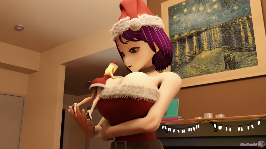 2girls 3d 3d_(artwork) breast_expansion christmas cleavage comic female female_only giantess immalol minmax3d smaller_female tagme