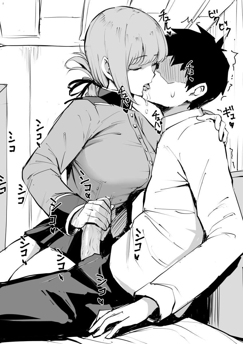 1boy absurdres bangs blush braid braided_ponytail breasts closed_eyes erection fate/grand_order fate_(series) female florence_nightingale_(fate) folded_ponytail fujimaru_ritsuka_(male) gloves greyscale handjob highres kissing large_breasts long_hair long_sleeves manno_(kanpi2100) military_jacket monochrome penis spiked_hair straight