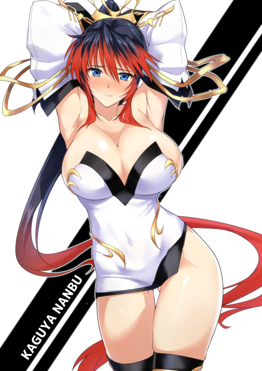 1girls bangs blue_eyes blush breasts busty character_name cleavage curvaceous detached_sleeves female female_focus female_only hair_between_eyes hair_ornament large_breasts looking_at_viewer multicolored_hair nanbu_kaguya ponytail project_x_zone red_highlights revealing_clothes seductive_look smile solo solo_female super_robot_wars thigh_gap thighhighs very_long_hair white_dress