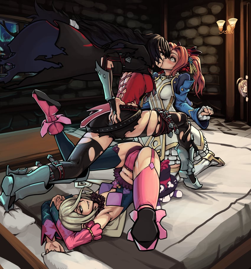 3girls black_hair boxman eleanor_hume green_hair kissing legs_apart legs_up long_hair magilou_(tales) on_bed ponytail tales_of_(series) tales_of_berseria upside-down velvet_crowe yuri