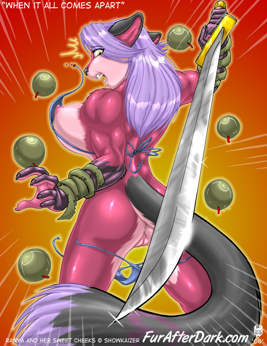 2006 amber_eyes anthro ass biceps big_breasts bikini bikini_bottom bikini_top breasts canid canine clothing digital_media_(artwork) female fox furafterdark genitals hair hi_res holding_object holding_sword holding_weapon long_hair looking_at_viewer looking_back mammal max_blackrabbit melee_weapon muscular muscular_anthro muscular_female nipples purple_hair pussy ranya solo swimwear sword wardrobe_malfunction weapon wide_hips