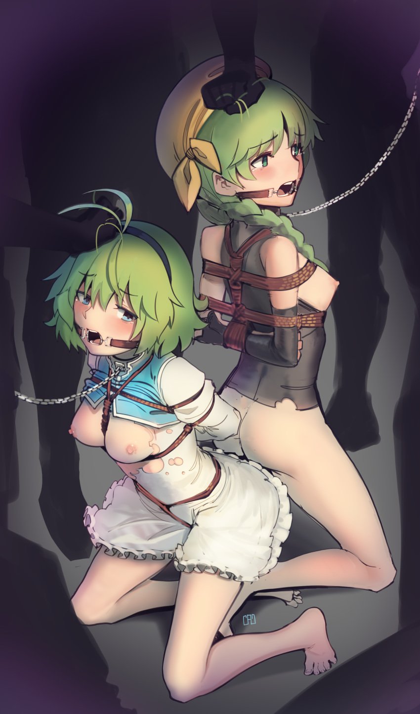 2girls acadanon arms_behind_back ass bandana bandit barefoot blue_eyes blush bondage bottomless braid braided_ponytail breasts breasts_out chain_leash chains collar dress exposed_breasts femsub fire_emblem fire_emblem:_the_blazing_blade gag grabbing_hair green_hair imminent_oral imminent_rape kaddo leash multiple_girls multiple_subs nino_(fire_emblem) nintendo nipples open_mouth open_mouth_gag ponytail rebecca_(fire_emblem) restrained ripped_clothing rope rope_bondage small_breasts torn_clothes