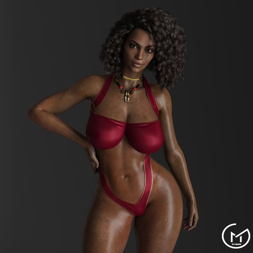 1girls 3d african african_female alternate_hairstyle breasts brown_eyes brown_hair cleavage cocked_hip curly_hair dark-skinned_female dark_skin female female_only glistening gm_studios hand_on_hip large_breasts looking_at_viewer navel necklace resident_evil resident_evil_5 sheva_alomar shiny_skin solo thick_lips underwear wet_skin