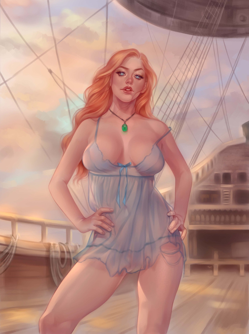 1girls blue_eyes breasts cleavage clothing female female_only full_lips hand_on_hip lingerie looking_at_viewer necklace negligee nightgown orange_hair othalam solo