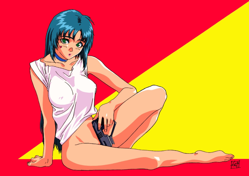 1girls 90s anri_(viper) bare_arms bare_shoulders barefoot breasts choker clothing covering erect_nipples erect_nipples_under_clothes face_tattoo feet female female_only green_eyes green_hair gun heart heart_tattoo highres holding_gun holding_weapon lipstick long_hair looking_at_viewer makeup medium_breasts naked_shirt nipple_bulge official_art open_mouth pink_lipstick red_background shirt signature simple_background sitting sogna solo takahashi_shinya tattoo thick_thighs thighs toes viper_(series) viper_v12 weapon white_shirt yellow_background