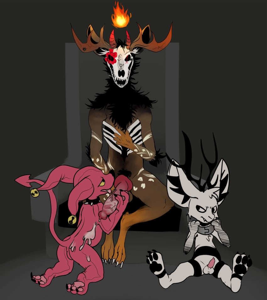 absurd_res american_mythology anthro bone canid canine canis coyote deity demon duo fan_character hell hi_res indigenous_north_american_mythology lagomorph leporid licking male male/male mammal mythology north_american_mythology rabbit servant size_difference skull soft sucking tongue tongue_out verum wendigo zerauskii