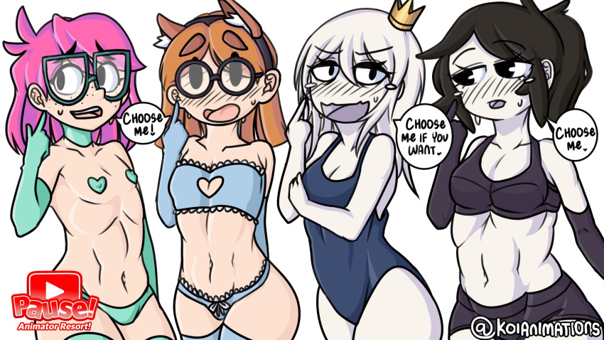 4girls ahoykoi black_hair blush booty_shorts bra collar crown dialogue freckles glasses gloves illymation jaiden_animations jamierightmeow koianimations long_hair multiple_girls older_female orange_hair panties pasties pink_hair ponytail scribblejuice short_hair speech_bubble sports_bra sweat swimsuit tabbes take_your_pick text white_background white_hair white_skin young younger_female youtube youtuber