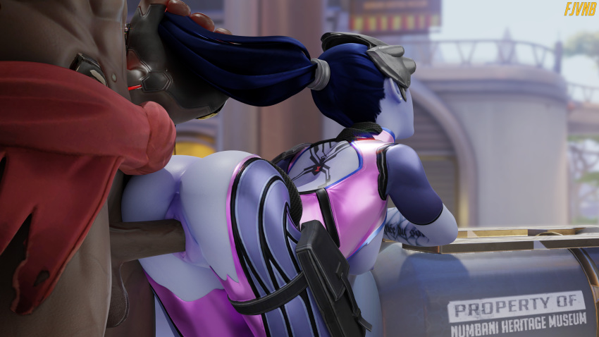 1boy 1girls 3d blue_hair blue_skin dark-skinned_male dark_skin doomfist fjvnb interracial numbani_(map) overwatch rape sex vaginal_penetration widowmaker