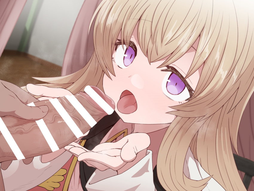 1boy bar_censor blonde_hair blurry blurry_background censored cupping_hands curtains dark-skinned_male depth_of_field fellatio female highres long_hair megido72 oral penis purple_eyes straight sumiyao_(amam) tongue tongue_out uphir_(megido72)