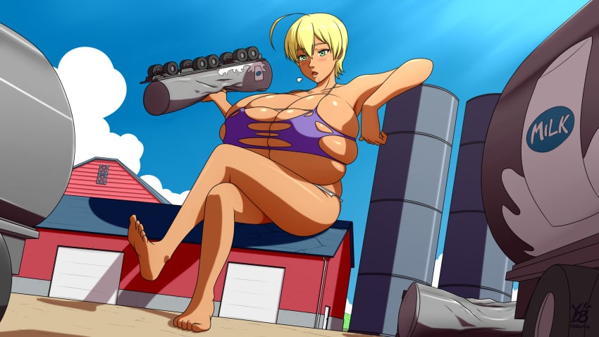 1girls blonde_hair breast_expansion breasts feet female female_only giantess huge_breasts mito_ikumi shokugeki_no_souma soles solo solo_female toes ydbunny