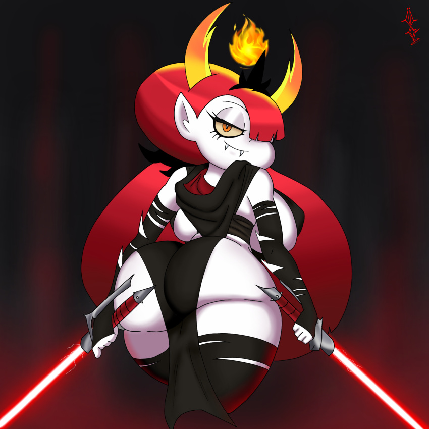 1girls ass backboob big_ass breasts disney disney_channel disney_xd dual_wielding erect_nipples eyeliner fangs flame hair_over_one_eye hekapoo horns huge_ass huge_breasts large_ass lightsaber looking_at_viewer looking_back lucasfilm orange_eyes orange_sclera red_hair sith smile star_vs_the_forces_of_evil star_wars thighhighs underground_(artist) very_long_hair