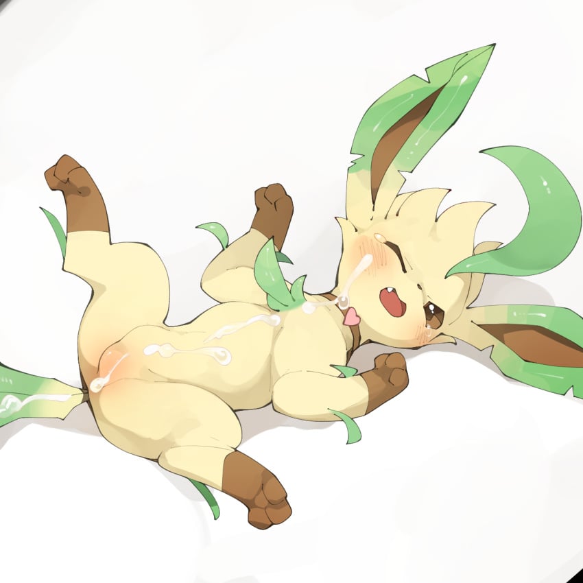 alternate_version_at_source blush bodily_fluids collar creampie creampied_feral cum cum_in_pussy cum_inside eeveelution female feral feral_creampied feral_pokemon genital_fluids genitals heart hi_res leafeon nintendo open_mouth pokemon pokemon_(species) pussy questionable_consent simple_background tears video_games youjomodoki