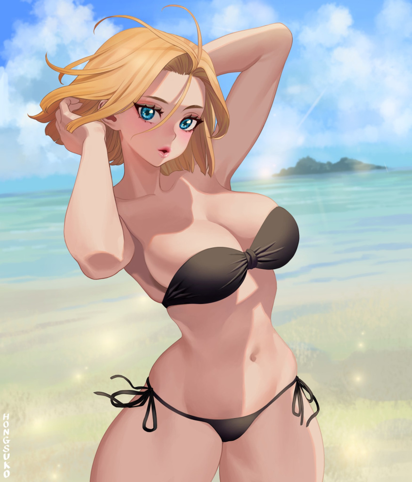 1girls adjusting_hair android_18 beach big_breasts bikini blonde_hair blue_eyes blue_sky blush breasts dragon_ball dragon_ball_super dragon_ball_z hongcasso navel thick_thighs