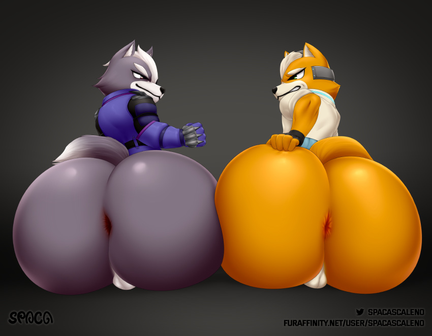 anthro anus ass balls big_butt bottomless canid canine canis clothed clothing digital_media_(artwork) duo fox fox_mccloud fur genitals hi_res huge_butt hyper hyper_butt male male/male mammal nintendo simple_background spaca star_fox video_games wolf wolf_o'donnell