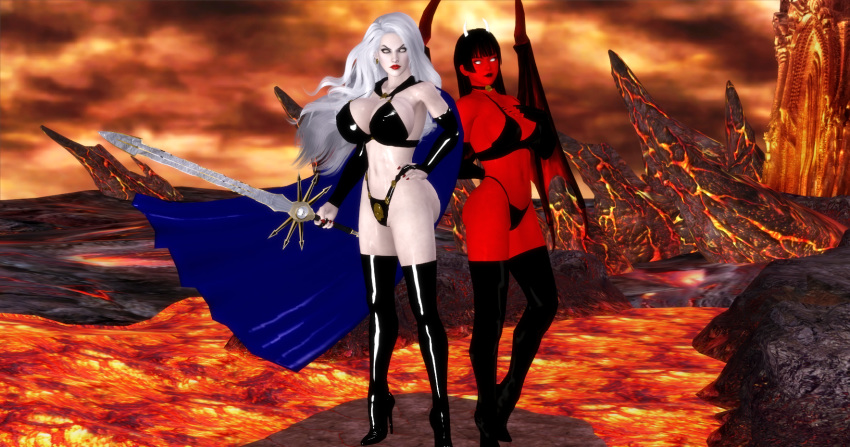 3d big_breasts big_butt breasts cape chaos_comics horns huge_breasts lady_death latex lingerie purgatori red_skin white_hair white_skin wings