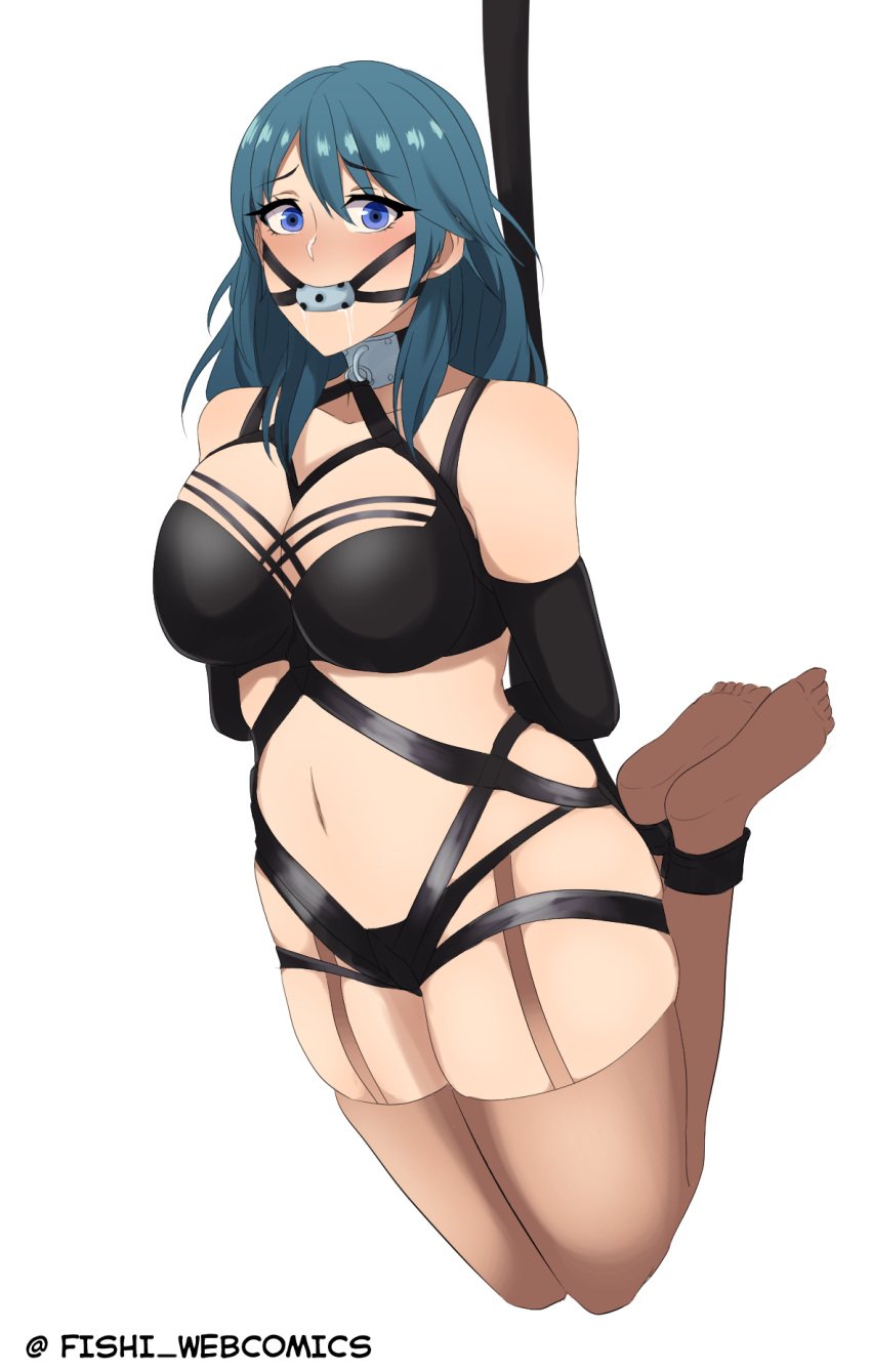 arms_behind_back ball_gag big_breasts blue_eyes bondage byleth_(fire_emblem) byleth_(fire_emblem)_(female) chubby cuddlephish0 curvy dildo dildo_gag dildo_in_mouth female female_only fire_emblem fire_emblem:_three_houses fishi_webcomics gag gagged large_breasts mouth_gag nintendo plump rope rope_bondage saliva solo solo_female teal_hair