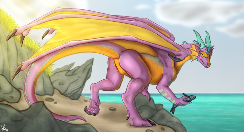 2020 animal_genitalia belly_scales blue_eyes cloaca detailed_background dragon female feral fish genitals hi_res horizontal_cloaca horn long_tail loru marine outside purple_body purple_scales rainwing_(wof) scales scalie sea signature solo water western_dragon wings wings_of_fire wisemans yellow_body yellow_scales