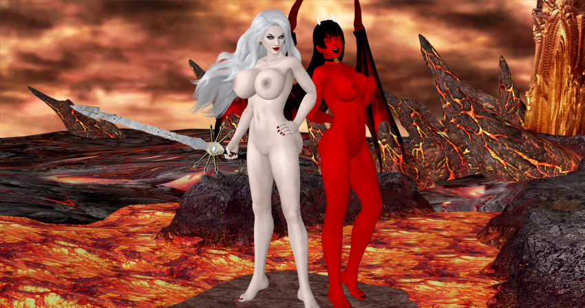 2girls 3d big_breasts black_hair black_lipstick breasts chaos_comics eyes_closed eyes_open horns huge_breasts lady_death lava nude nude_female purgatori red_lipstick red_skin straight_hair wavy_hair white_hair white_skin wings