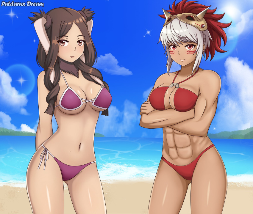 2girls abs animal_ears arms_behind_back arms_crossed arms_crossed_under_breasts beach bikini breasts brown_eyes brown_hair brown_skin female fire_emblem fire_emblem_awakening fire_emblem_fates horns long_hair mask multiple_girls muscular muscular_female navel nintendo outdoors panne_(fire_emblem) patdarux patdarux_dream red_eyes rinkah_(fire_emblem) short_hair swimsuit white_hair white_skin