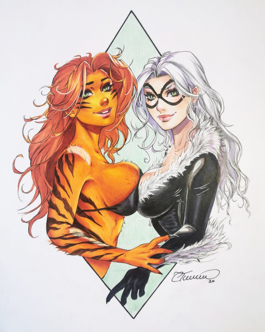 2020 2girls big_breasts black_cat_(marvel) breast_frottage breasts_pressed_against_partner catsuit collette_turner felicia_hardy female_only green_eyes greer_grant long_hair looking_at_viewer marvel marvel_comics orange_fur pov pov_eye_contact red_hair sideboob smile smiling smiling_at_viewer tiger_stripes tigra white_background white_hair