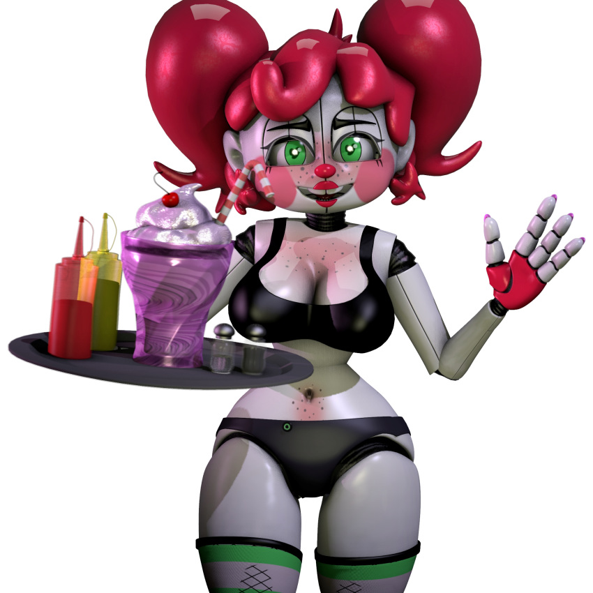 3d animatronic baby_(fnafsl) black_underwear blackterio breasts circus_baby circus_baby_(fnaf) five_nights_at_freddy's five_nights_at_freddy's:_sister_location freckles freckles_on_chest ginger green_eyes gynoid heart-shaped_pupils looking_at_viewer red_hair redhead sister_location smile smiling so87baby solo source_filmmaker summer_of_87_baby transparent_background twintails underwear waitress waving_hand white_background white_body