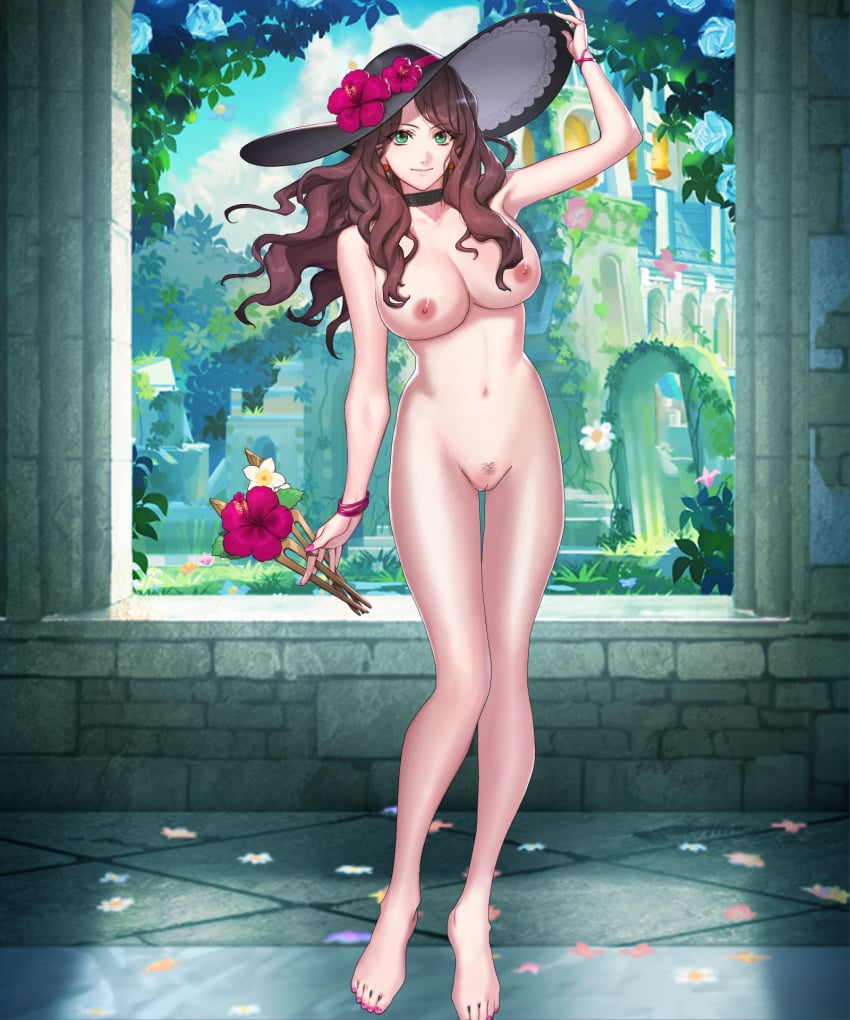 1girls brown_hair choker dorothea_arnault dorothea_arnault_(summer) edit female fire_emblem fire_emblem:_three_houses fire_emblem_heroes green_eyes hat huge_breasts large_breasts long_hair nintendo nipples nude nude_female nude_filter pink_nails pubic_hair pussy samuraijam34 solo sun_hat