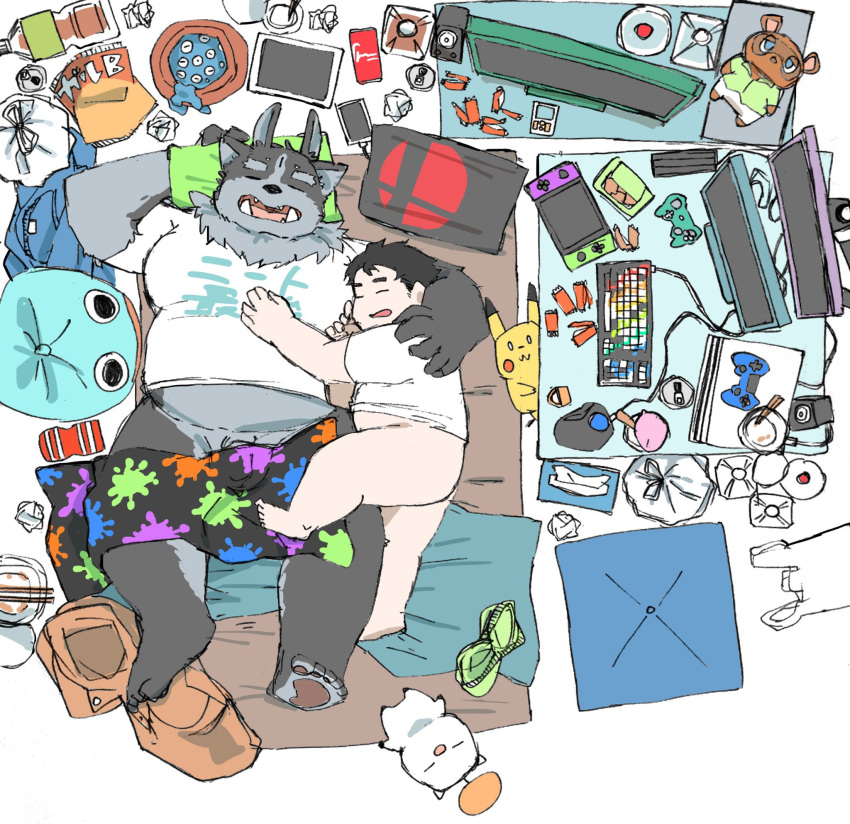 2020 anthro ass barely_visible_genitalia barely_visible_penis belly closed_eyes clothing computer duo genitals hi_res hug human humanoid_hands kemono lying male male/male mammal nintendo nintendo_switch overweight overweight_male penis plushie s_ouo shirt sleeping tokyo_afterschool_summoners topwear tsathoggua video_games