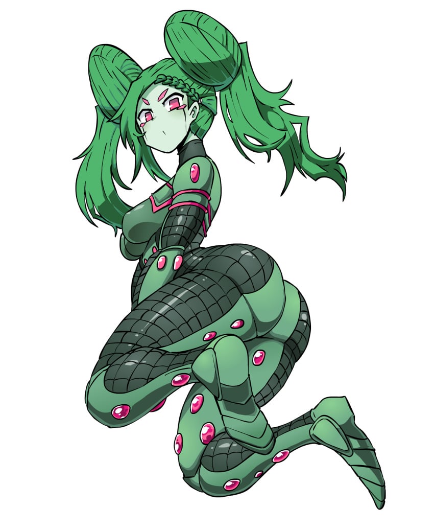 1girls ass ball_breaker_(jjba) big_ass big_butt bodysuit breasts butt clothing curvy double_bun female female_only fully_clothed green_bodysuit green_hair hair_buns hairbuns highres huge_ass huge_butt humanoid jojo's_bizarre_adventure large_ass looking_at_viewer mannungei medium_breasts nipple_outline pink_eyes rule_63 sexually_suggestive shounen_jump solo stand_(jjba) steel_ball_run thick_thighs twintails white_background wide_hips