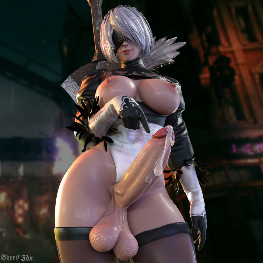 1futa 3d areolae balls big_breasts big_penis breasts breasts_out busty cleavage cleavage_cutout cum cum_drip cumdrip erect_nipples erect_penis erection female futa_only futanari glans gloves hourglass_figure large_breasts leotard leotard_aside long_penis nier:_automata nipples nordfantasy penis penis_out pose posing precum sagging_balls shiny_skin short_hair solo_futa stockings tagme testicles thigh_boots veiny_penis white_hair wide_hips yorha_2b