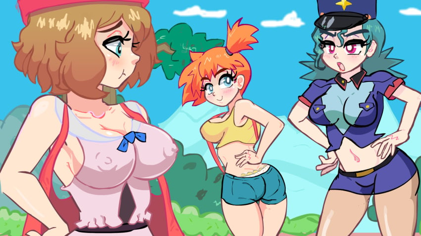 3girls ass big_breasts blue_eyes blush brown_hair clothing dat_ass e-eban284 female female_only green_hair kasumi_(pokemon) large_breasts multiple_girls nipples officer_jenny_(pokemon) orange_hair panties pink_eyes pokemon pokemon_rgby pokemon_xy serena_(pokemon)