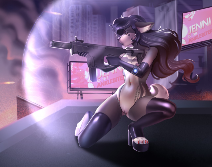 1girls action_scene anthro anutka areolae black_hair breasts canid canine canis casual casual_exposure casual_nudity city clothed clothing digital_media_(artwork) domestic_dog energy_shield erect_nipples female female_only fingers firearm fur genitals gloves gun hair handwear holding_gun holding_object holding_weapon jenni_(jennibutt) latex_clothing latex_gloves legwear mammal nipples nude pomeranian pose pussy ranged_weapon rifle small_breasts solo spitz suppressor text thick_thighs thigh_highs tight_clothing topwear urban weapon