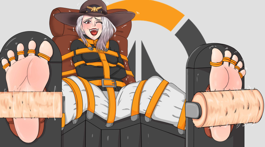 2d ashe_(overwatch) bdsm blizzard_entertainment bondage brush codricor1 dubious_consent feet helpless machine overwatch restrained straitjacket tickle_torture tickling tickling_feet toe_bondage