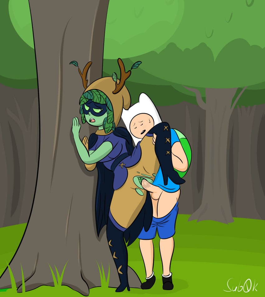 1boy 1boy1girl 1girls 2020 adventure_time against_tree backpack bag balls blonde_hair breasts cape cartoon_network detailed_background female finn_the_human green_eyes green_pussy green_skin holding_leg hood human huntress_wizard male outside pale_skin penis pussy pussy_juice ripped_clothing ripped_pants sex shorts_down signature subzerokelvin t-shirt thigh_boots tree vagina vaginal vaginal_penetration