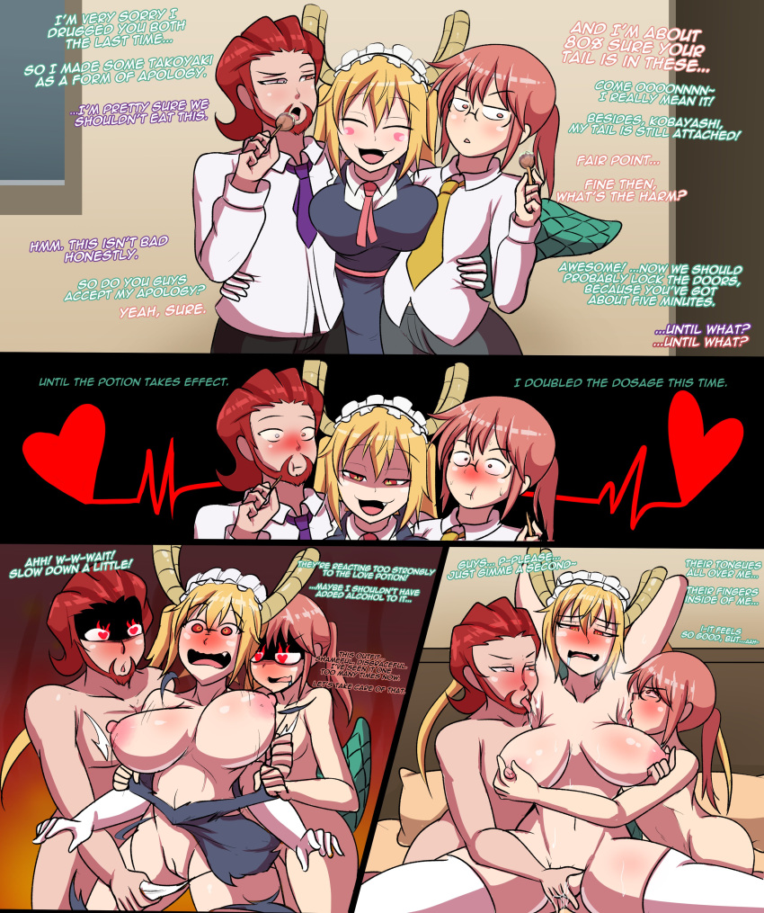 1boy 2girls beard bisexual bisexual_female blonde_hair blush bodyattk dialogue dragon dragon_girl facial_hair female garroth_(oc) glasses glowing_eyes heart-shaped_pupils horn kobayashi large_breasts light_skin long_hair miss_kobayashi's_dragon_maid monster_girl oc orange_eyes original red_eyes red_hair short_hair small_breasts tearing_clothes text tohru_(dragon_maid) tongue_bath torn_clothes