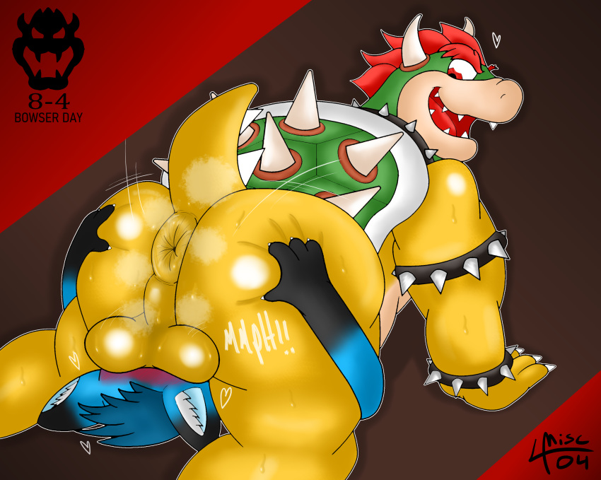 absurd_res anthro anus armband ass ball_smother balls black_body black_fur blue_body blue_fur blue_hair blush bodily_fluids bowser bowser_day bracelet butt_grab canid canine collar duo facesitting fox fur genitals green_body green_scales hair hand_on_butt heart hi_res horn jewelry koopa male male/male mammal mario_(series) miscellanea miscellanea404 musk nintendo orange_body orange_scales red_eyes red_hair scales scalie shell simple_background smothering spiked_armband spiked_bracelet spiked_collar spiked_shell spikes spikes_(anatomy) sweat sweaty_balls teeth video_games