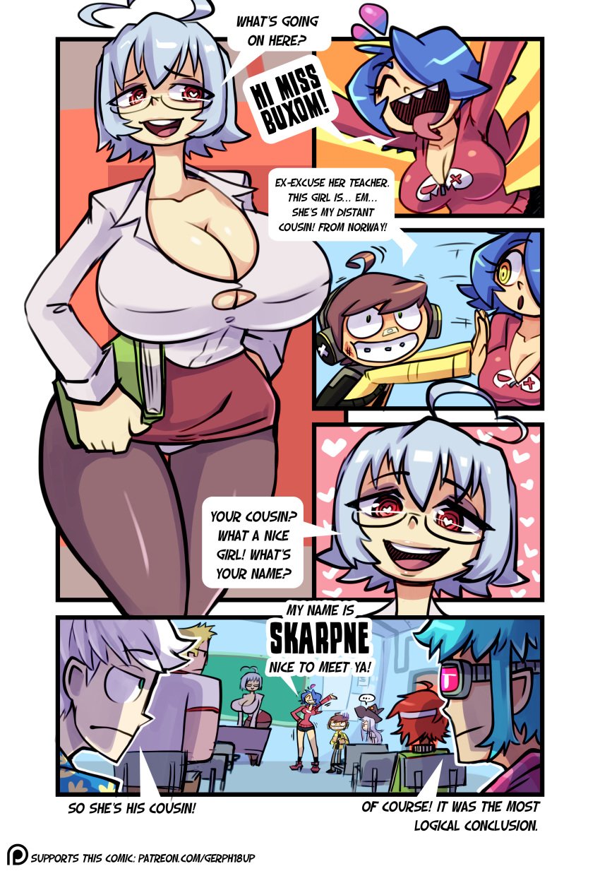 4boys 4girls big_breasts blue_hair carly_(skarp_world) chapter_2_milk_cow classroom cleavage comic dumfer english_dialogue english_text gerph glasses goggles grey_hair heart-shaped_pupils hearts_around_head high_quality huge_breasts mrs._wendy_(skarpworld) pantyhose short_skirt skarp_world skarpne_(skarp_world) skirt speech_bubble teacher trece_(skarp_world) white_hair witchly_(skarpworld) yellow_eyes