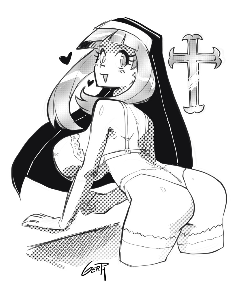 :p anisa_(skarpworld) big_ass big_breasts black_and_white cross gerph heart line_art lineart nun simple_background skarp_world tagme white_background