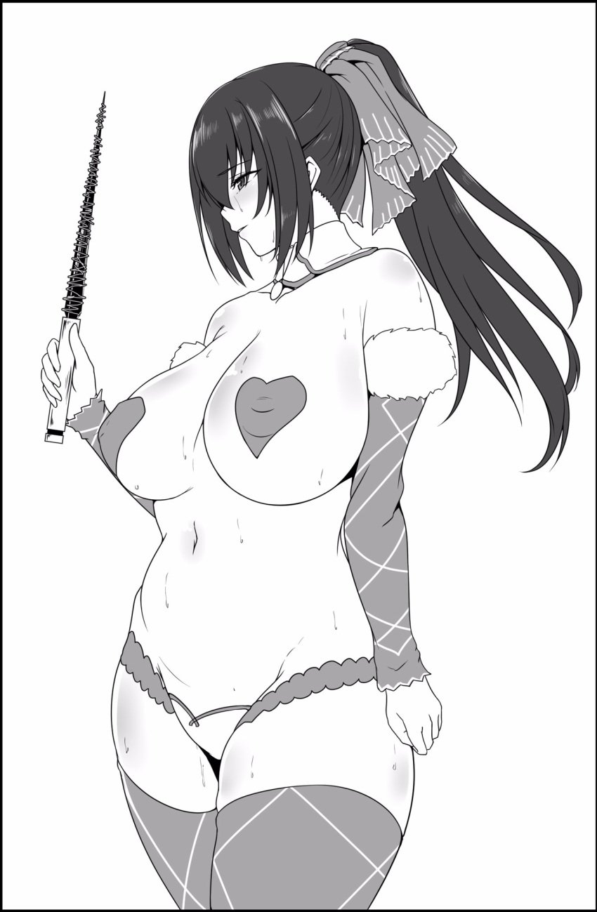 covered_nipples detached_collar detached_sleeves fate/grand_order fate_(series) fringe large_breasts monochrome nipples panties ponytail recaromen scathach_(fate) scathach_skadi thick_thighs wand