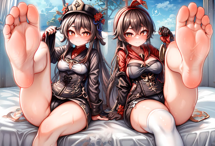 2girls 5_toes ai_generated alternate_breast_size amber_(genshin_impact) bare_legs bare_thighs barefoot bed bedroom big_breasts blush breasts brown_hair feet female female_only foopanthia foot_fetish foot_focus genshin_impact greek_toe hat hu_tao_(genshin_impact) leg_up legs legs_up presenting presenting_feet red_eyes sitting sole_female soles sweat sweaty tease thick_thighs thighs toes twintails