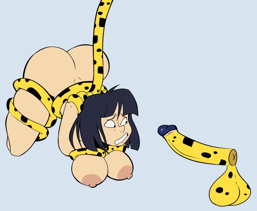 1girls aged_up areolae ass balls big_ass big_breasts big_butt big_penis biting_lip breasts brown_areola cheetah_clothes dark_grey_hair female grey_background hi_res large_breasts male/female marsupilami marsupilami_(character) nipples rape sarah_vanderstadt scared short_hair testicles vaz0v