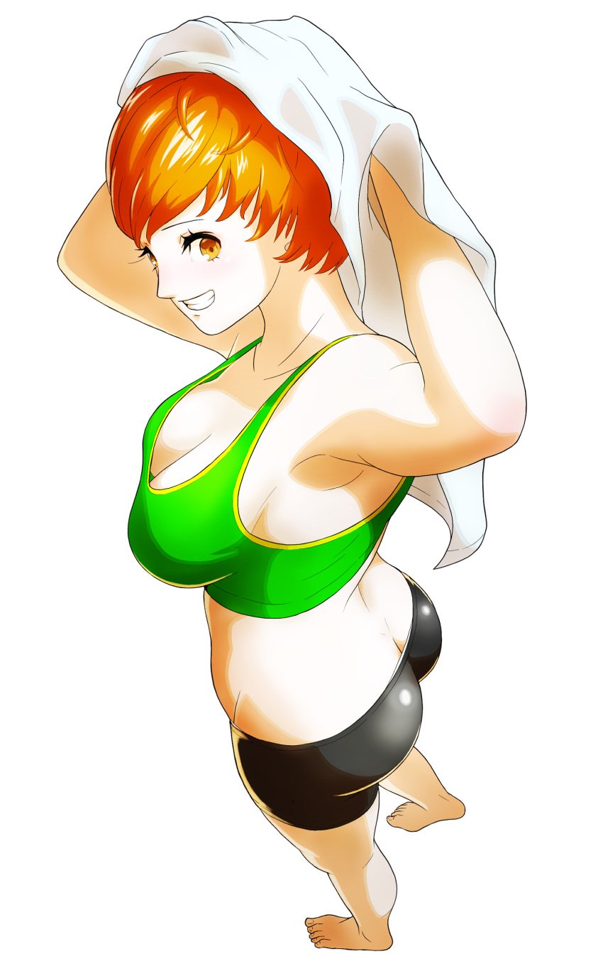 1girls ass ass_cleavage big_ass black_shorts blush breasts brown_eyes brown_hair butt_crack female female_only green_topwear gym_uniform looking_at_viewer medium_breasts neucia persona persona_4 satonaka_chie short_hair shorts smile solo solo_female tomboy topwear towel transparent_background