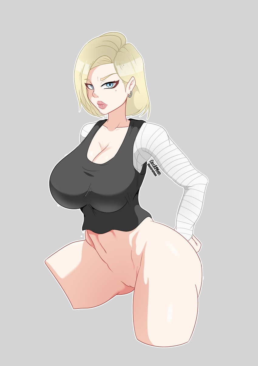 1girls android_18 blonde_hair blue_eyes bottomless cleavage curvy dragon_ball female female_only huge_ass huge_breasts mrdeck short_hair solo thick_lips voluptuous wide_hips