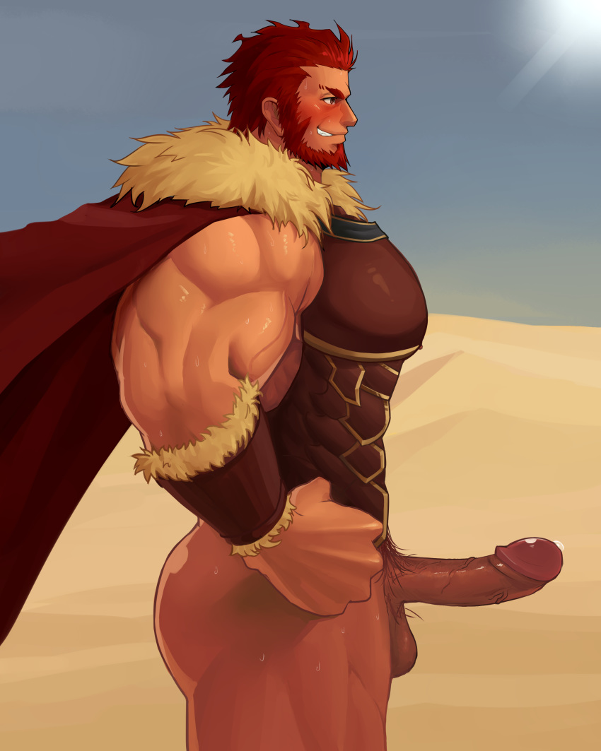 1boy absurdres armor ass bara beard blush boner cape chest erection facial_hair fate/grand_order fate/zero fate_(series) hand_on_hip highres iskandar_(fate) leather male_focus male_only manly muscle pectorals penis red_eyes red_hair smile solo testicles uncensored upper_body xianyusamuel